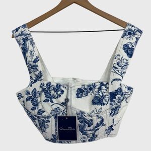 Oscar de la Renta NWT Blue White Toile Cotton Cropped Top US Size 12